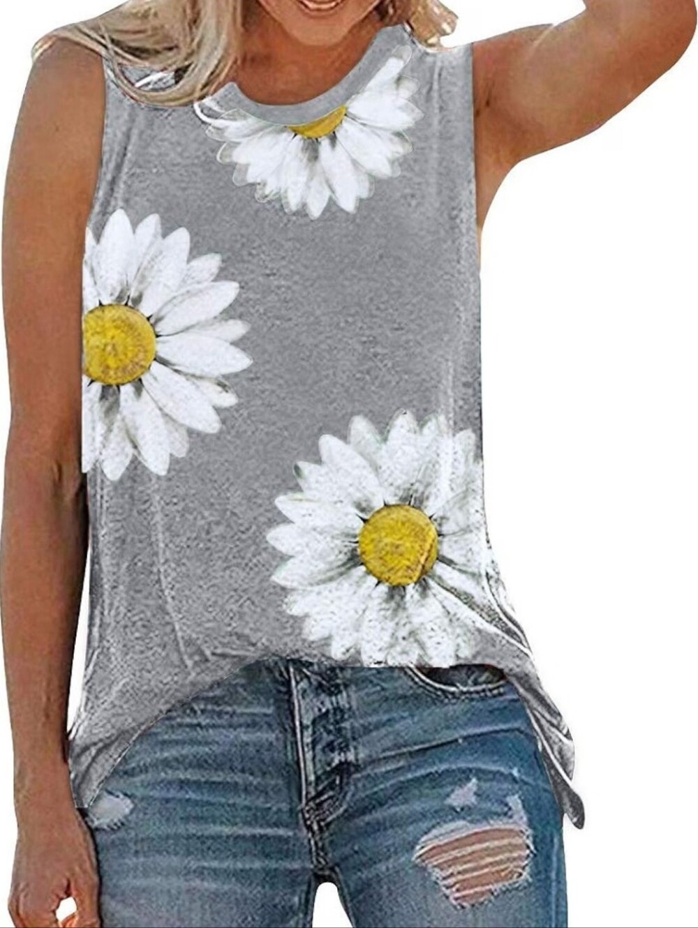 Sleeveless Daisy Print Tank Top - Gray